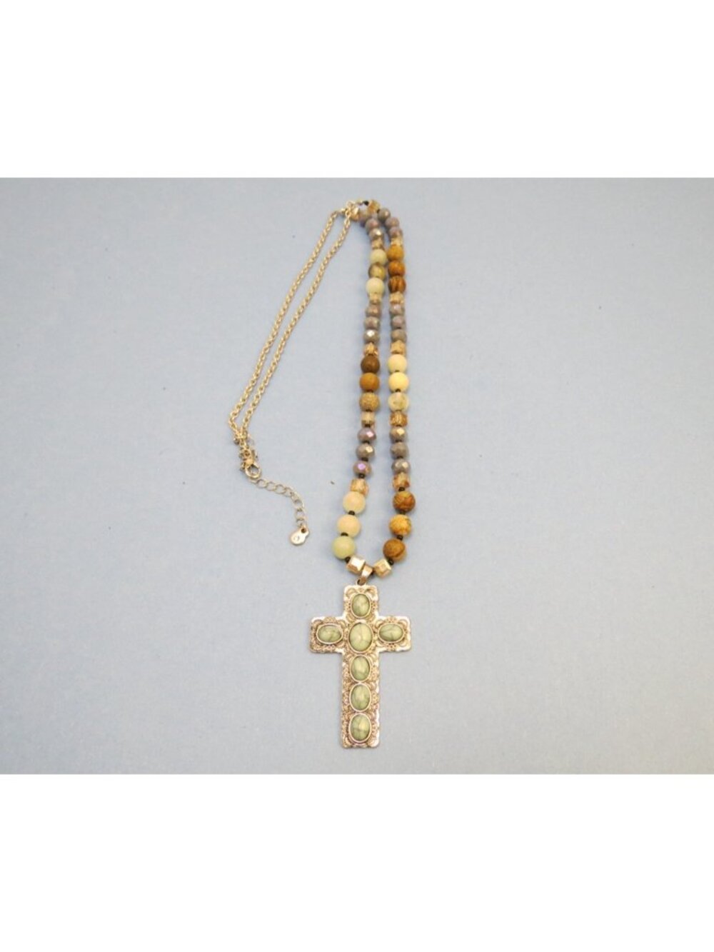 Silver Tone Large Stone Beaded Rosary Cross Necklace